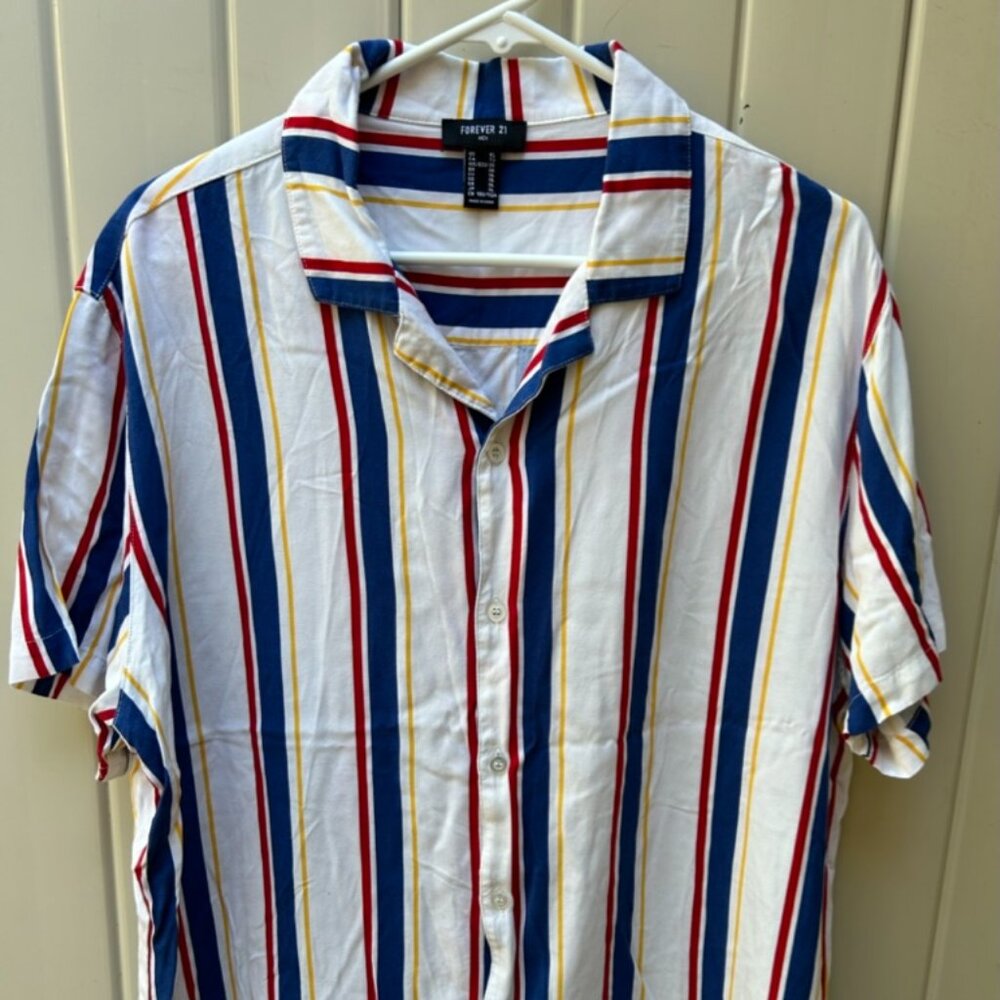 Forever 21 Cuban Collar Multi-Color Striped Button Down Shirt Size XL